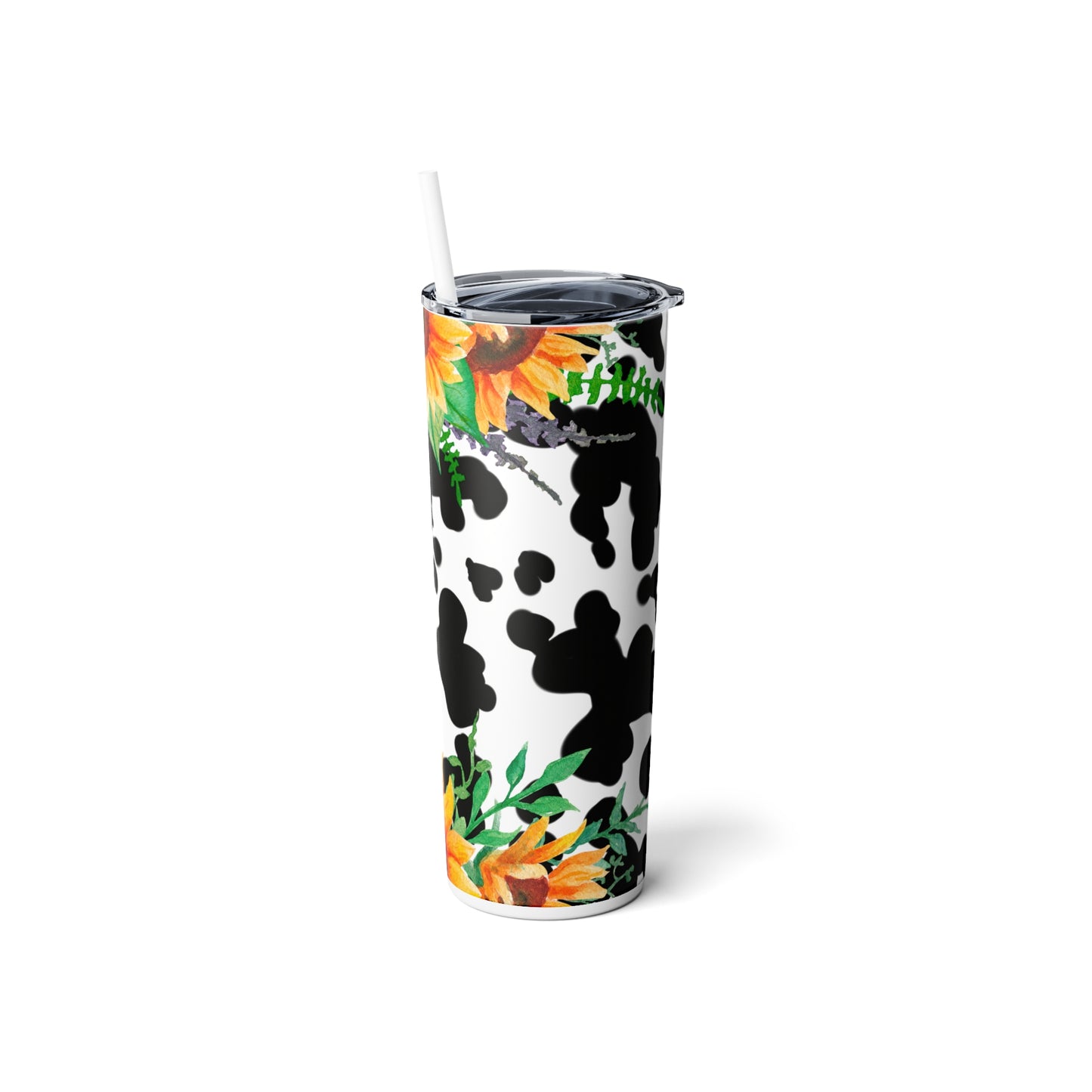 Sunflowers and Cow Print Skinny Steel Tumbler with Straw, 20oz