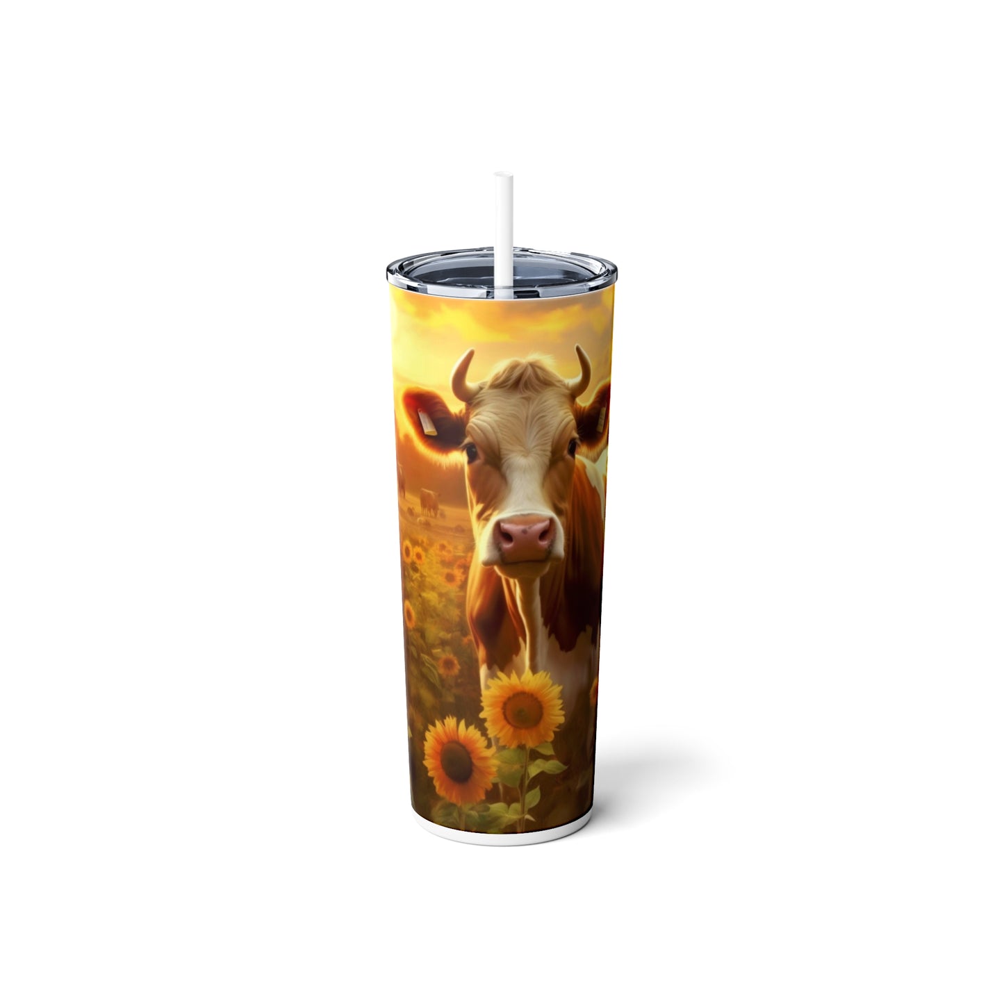 Sunset Cow Skinny Steel Tumbler with Straw, 20oz