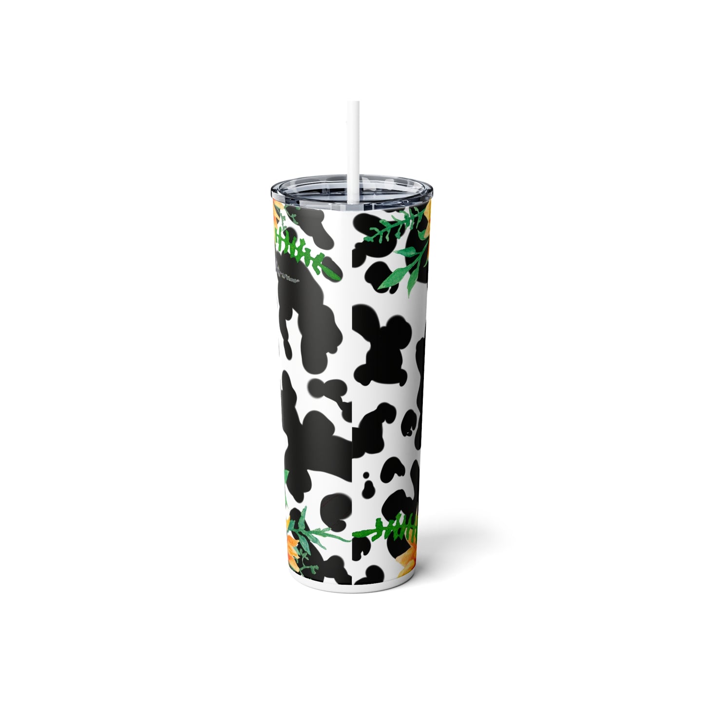 Sunflowers and Cow Print Skinny Steel Tumbler with Straw, 20oz