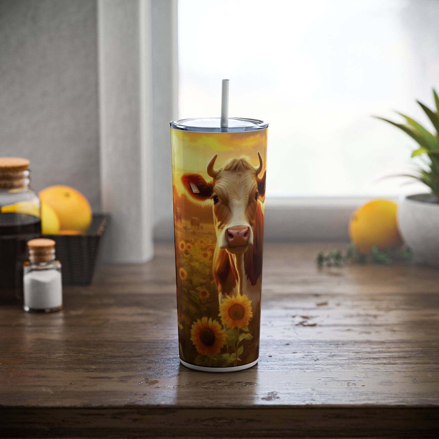 Sunset Cow Skinny Steel Tumbler with Straw, 20oz