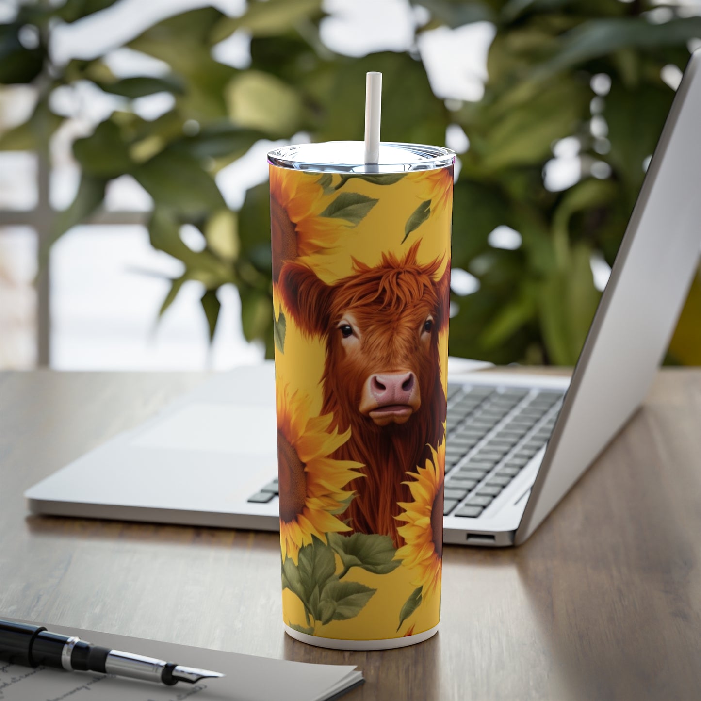 Sunflowers and Highland Cow Skinny Steel Tumbler with Straw, 20oz