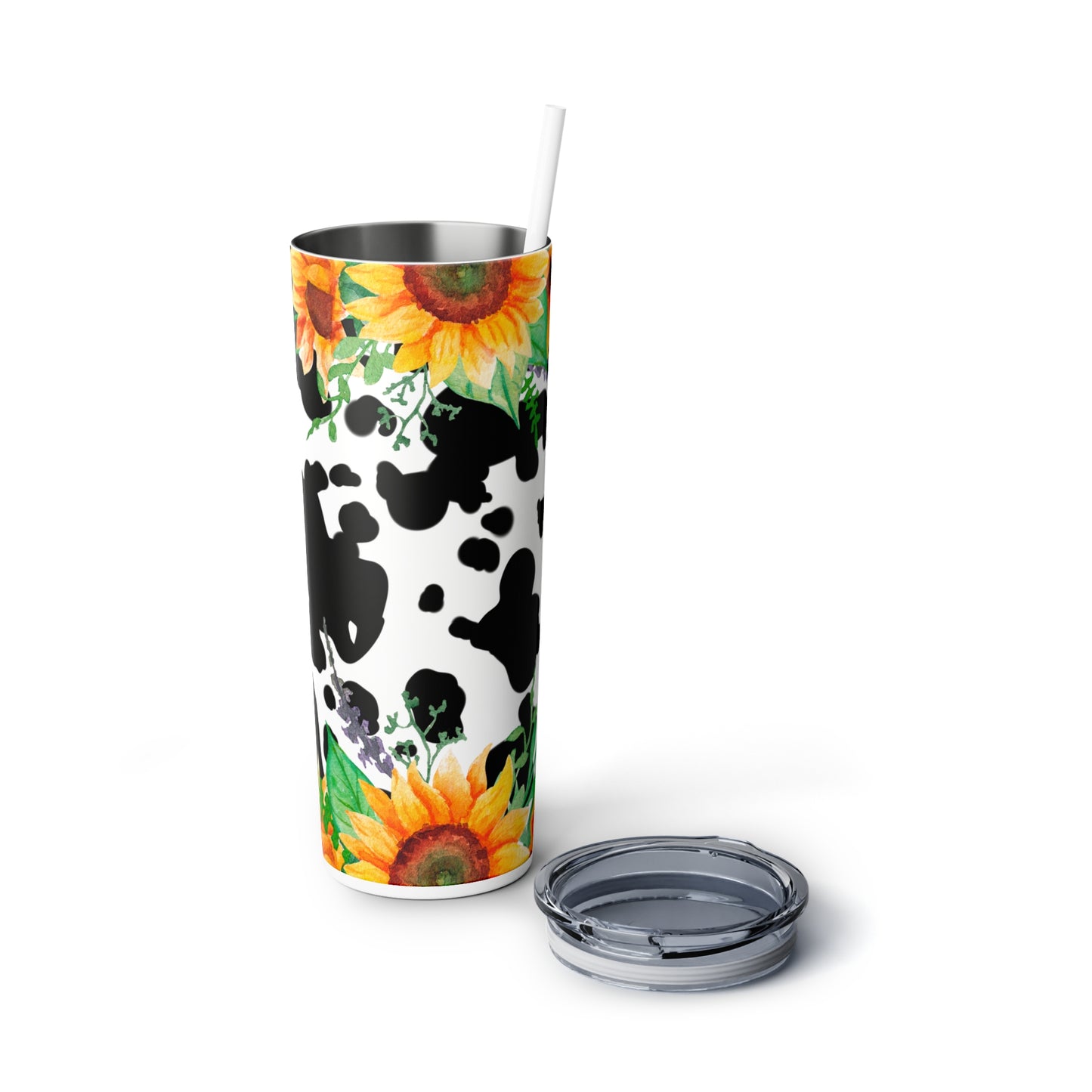 Sunflowers and Cow Print Skinny Steel Tumbler with Straw, 20oz