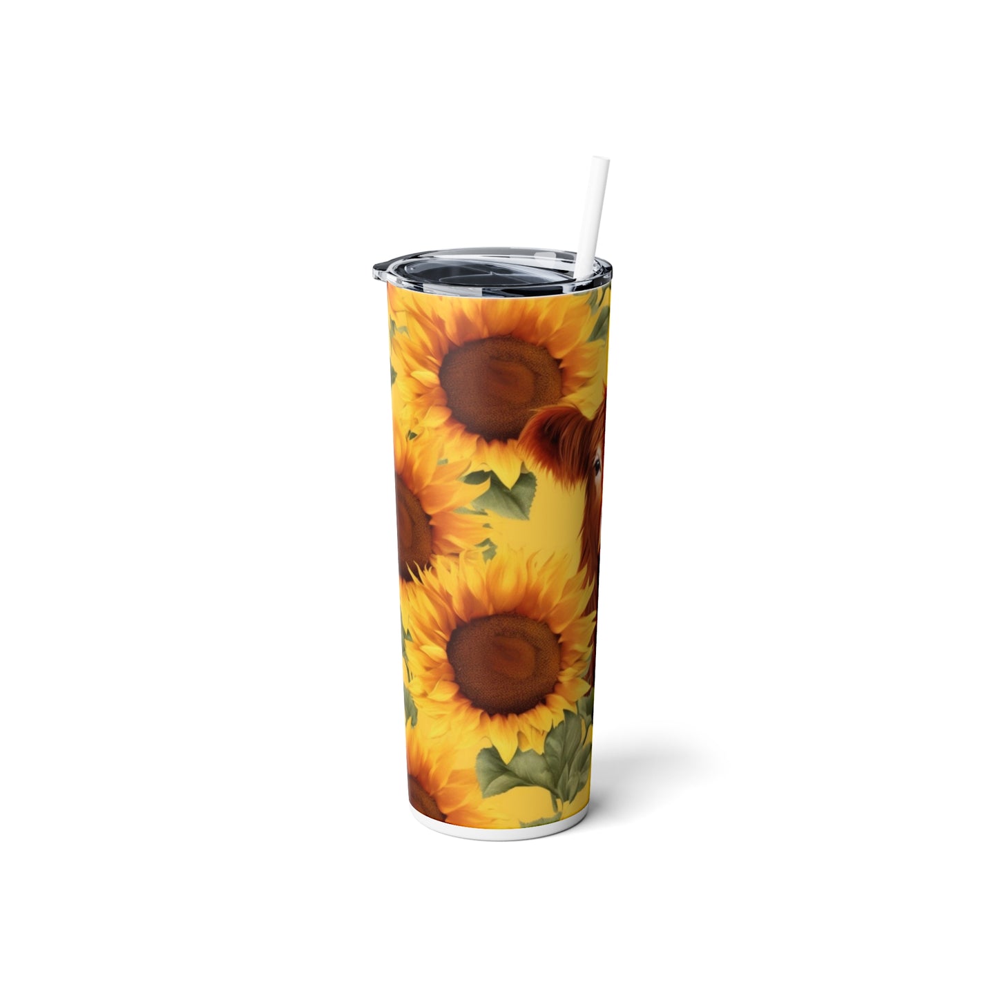 Sunflowers and Highland Cow Skinny Steel Tumbler with Straw, 20oz