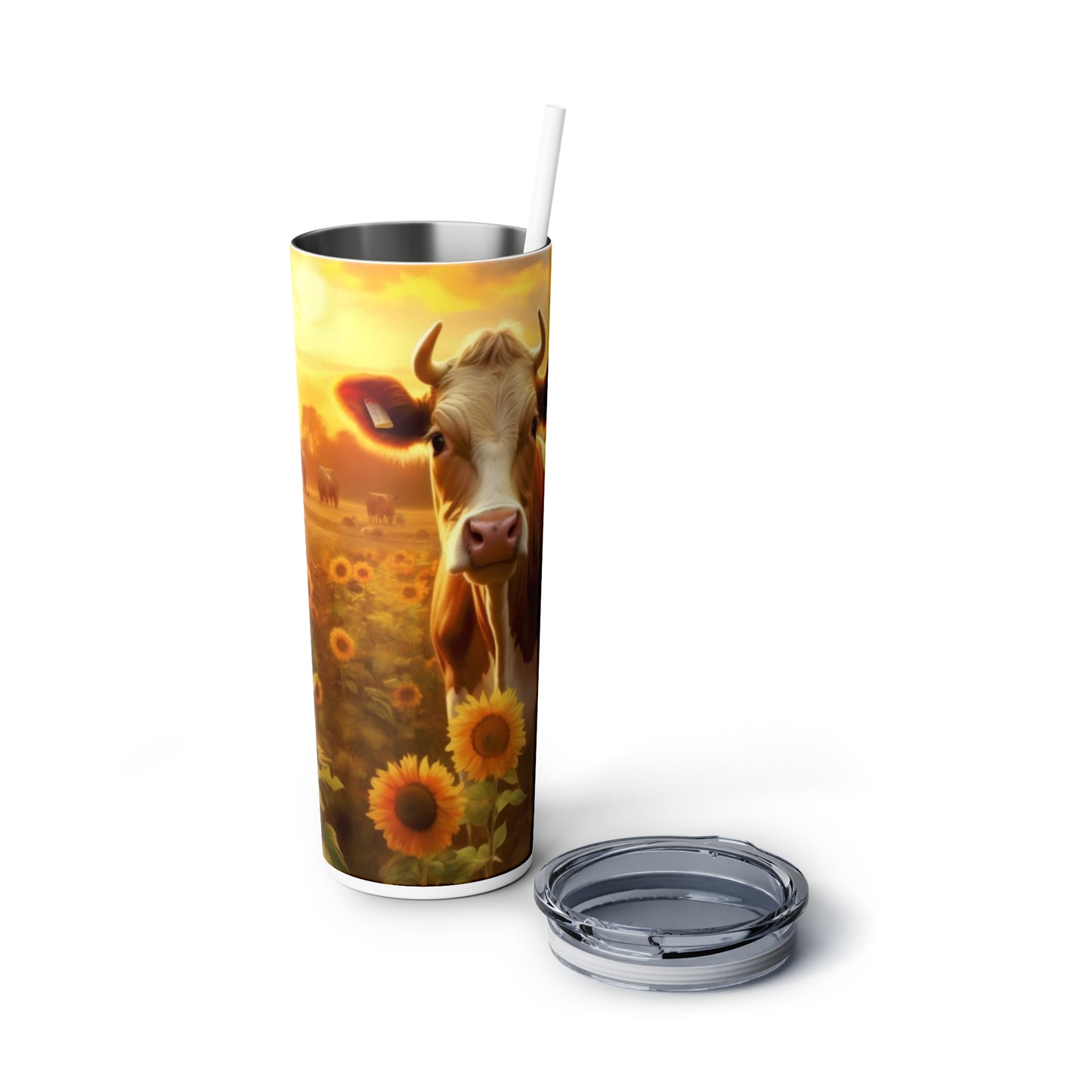 Sunset Cow Skinny Steel Tumbler with Straw, 20oz