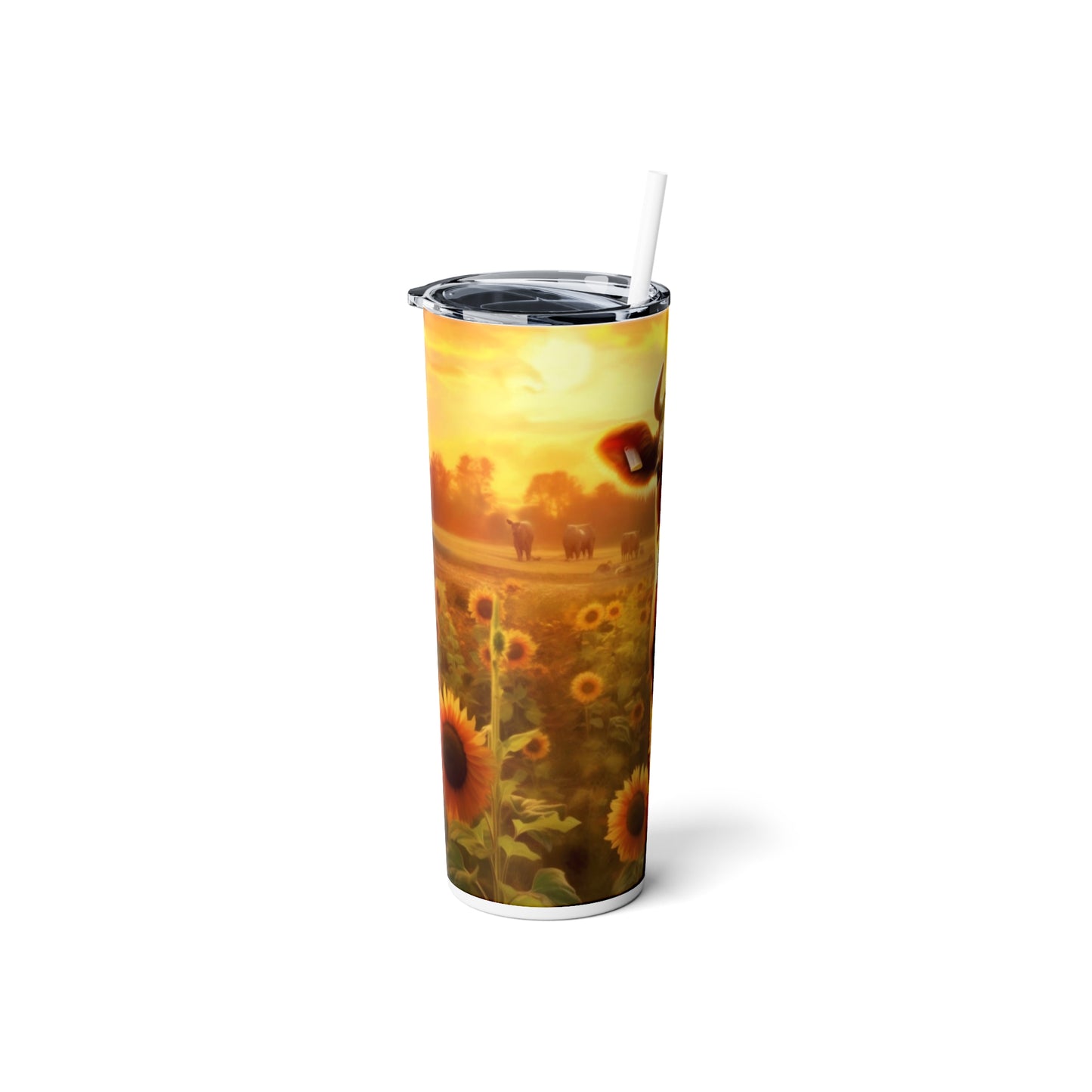 Sunset Cow Skinny Steel Tumbler with Straw, 20oz