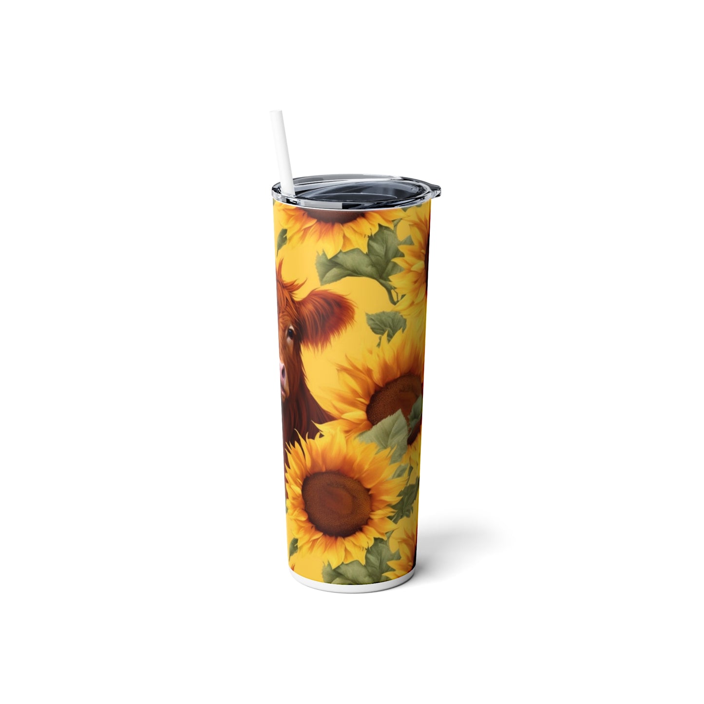 Sunflowers and Highland Cow Skinny Steel Tumbler with Straw, 20oz