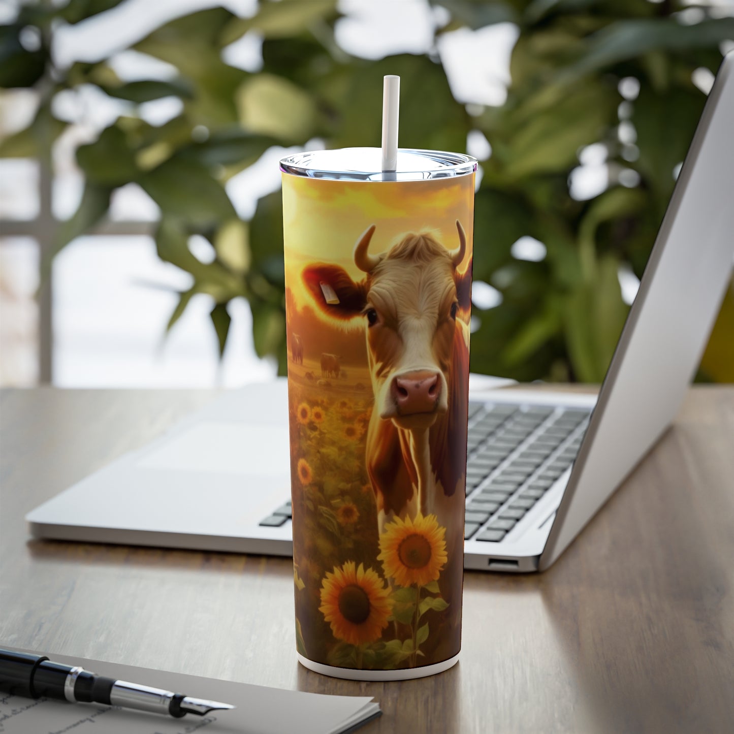 Sunset Cow Skinny Steel Tumbler with Straw, 20oz