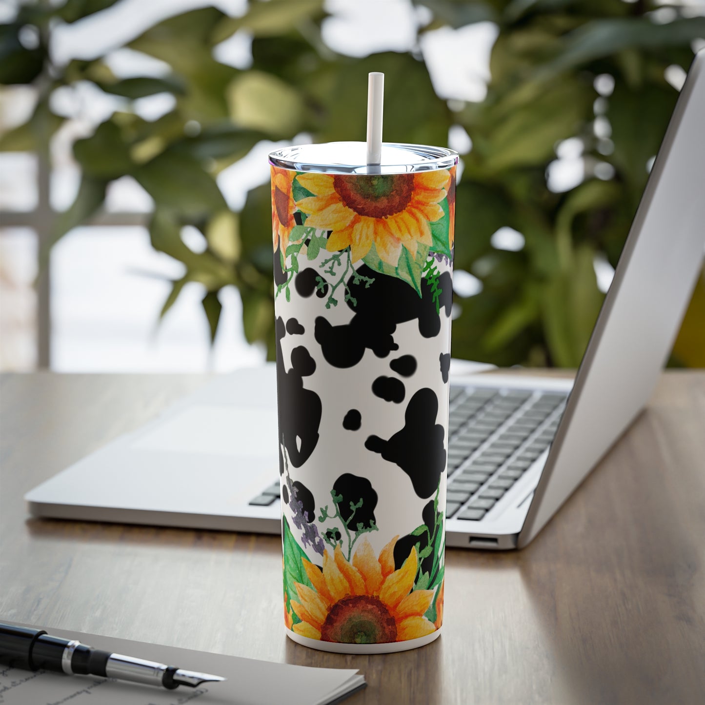 Sunflowers and Cow Print Skinny Steel Tumbler with Straw, 20oz
