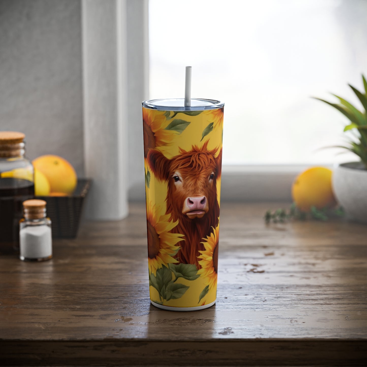 Sunflowers and Highland Cow Skinny Steel Tumbler with Straw, 20oz