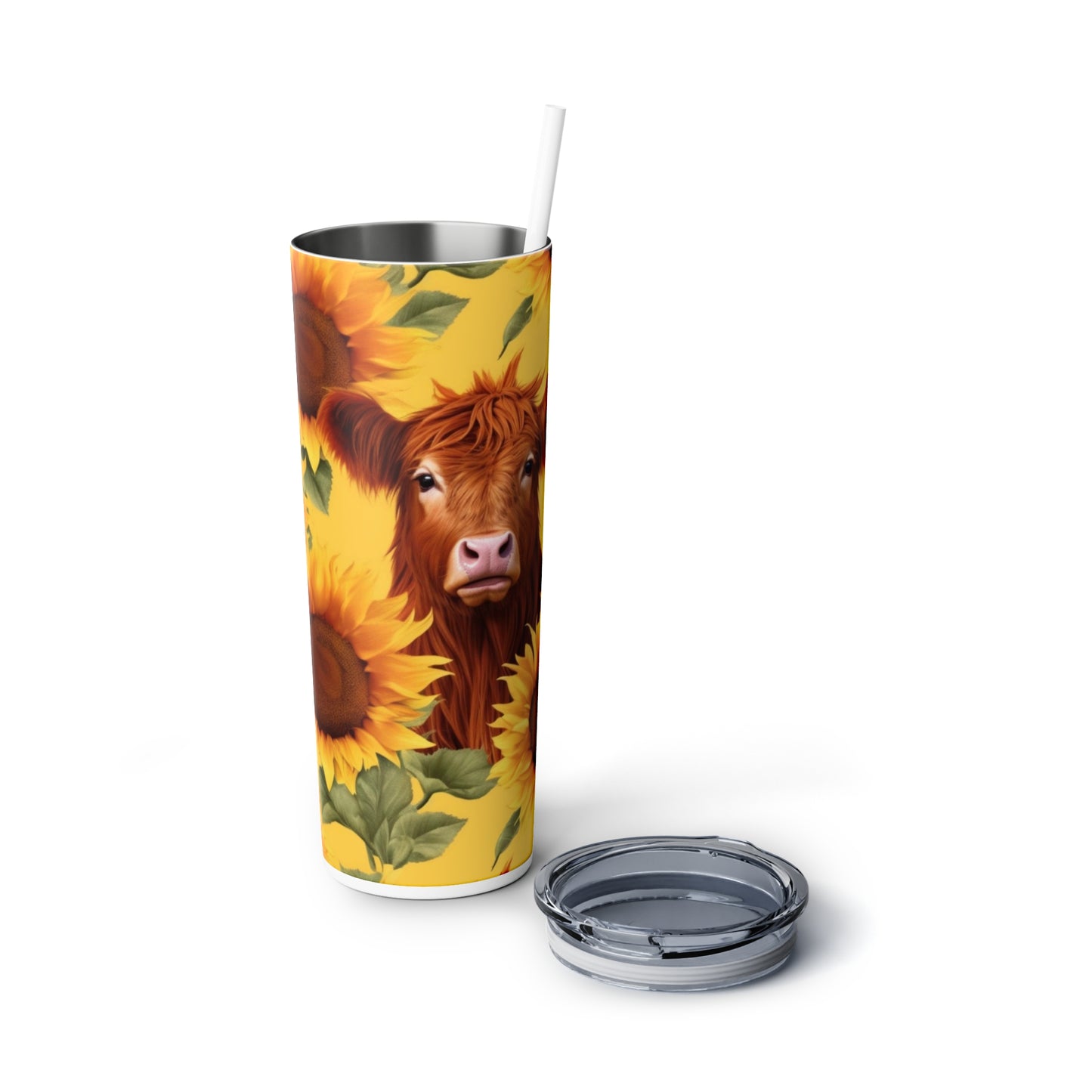 Sunflowers and Highland Cow Skinny Steel Tumbler with Straw, 20oz