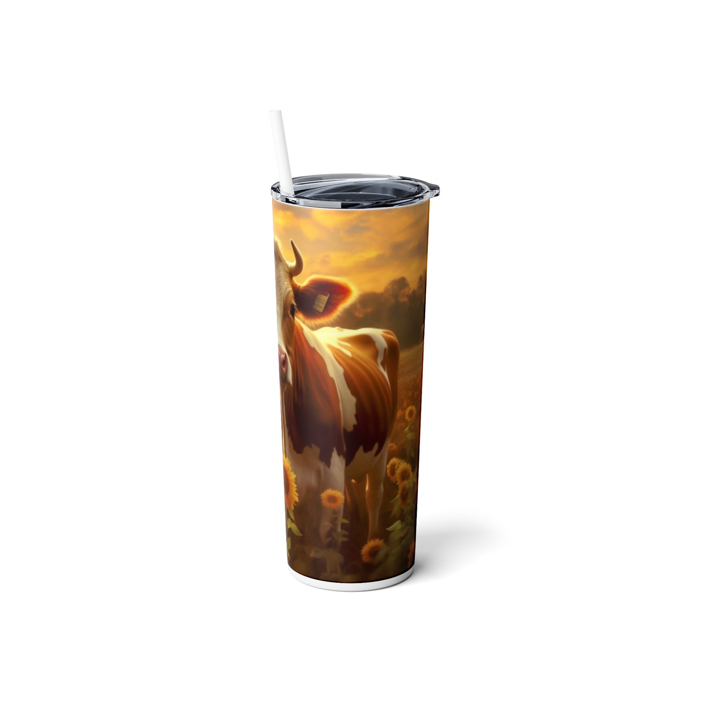 Sunset Cow Skinny Steel Tumbler with Straw, 20oz