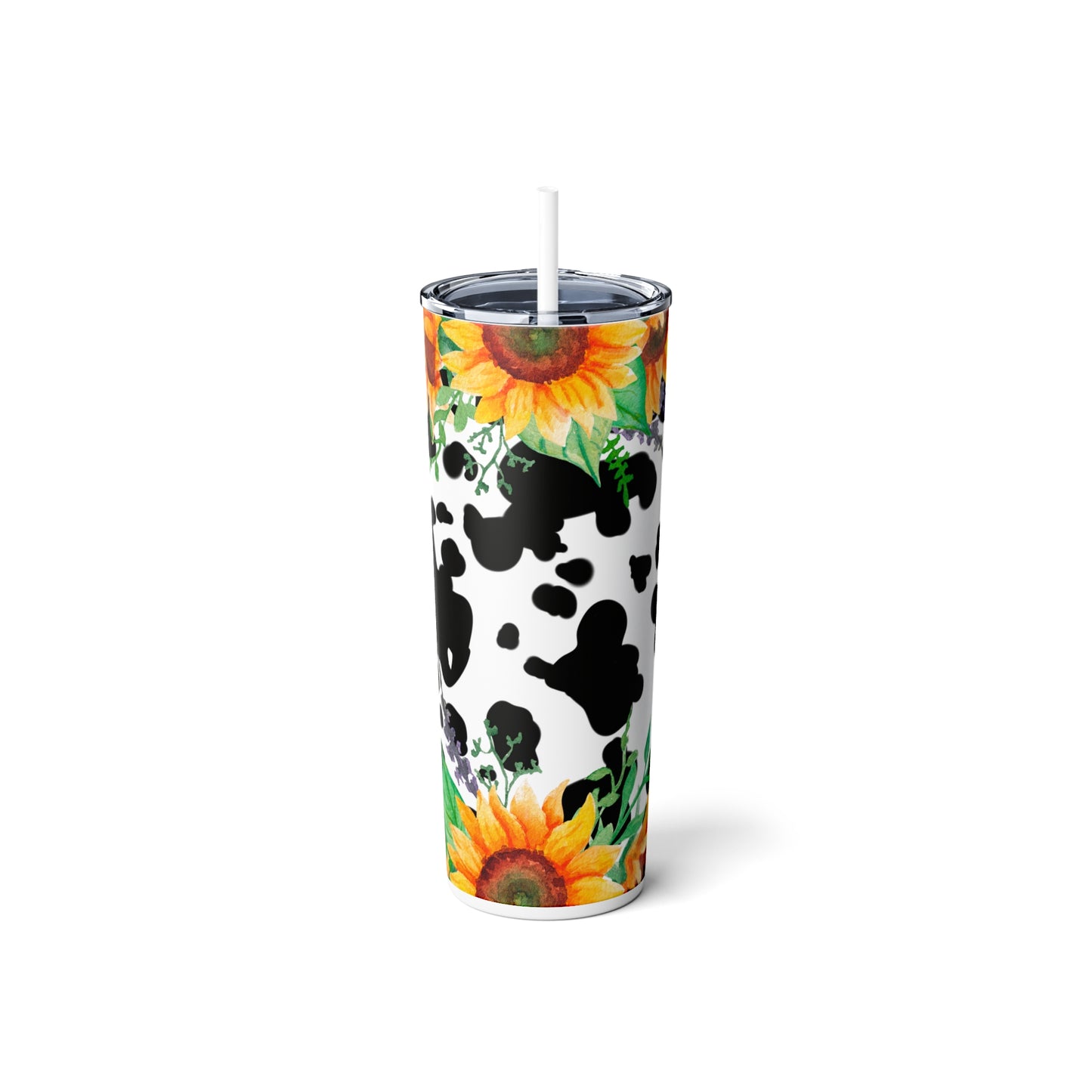 Sunflowers and Cow Print Skinny Steel Tumbler with Straw, 20oz