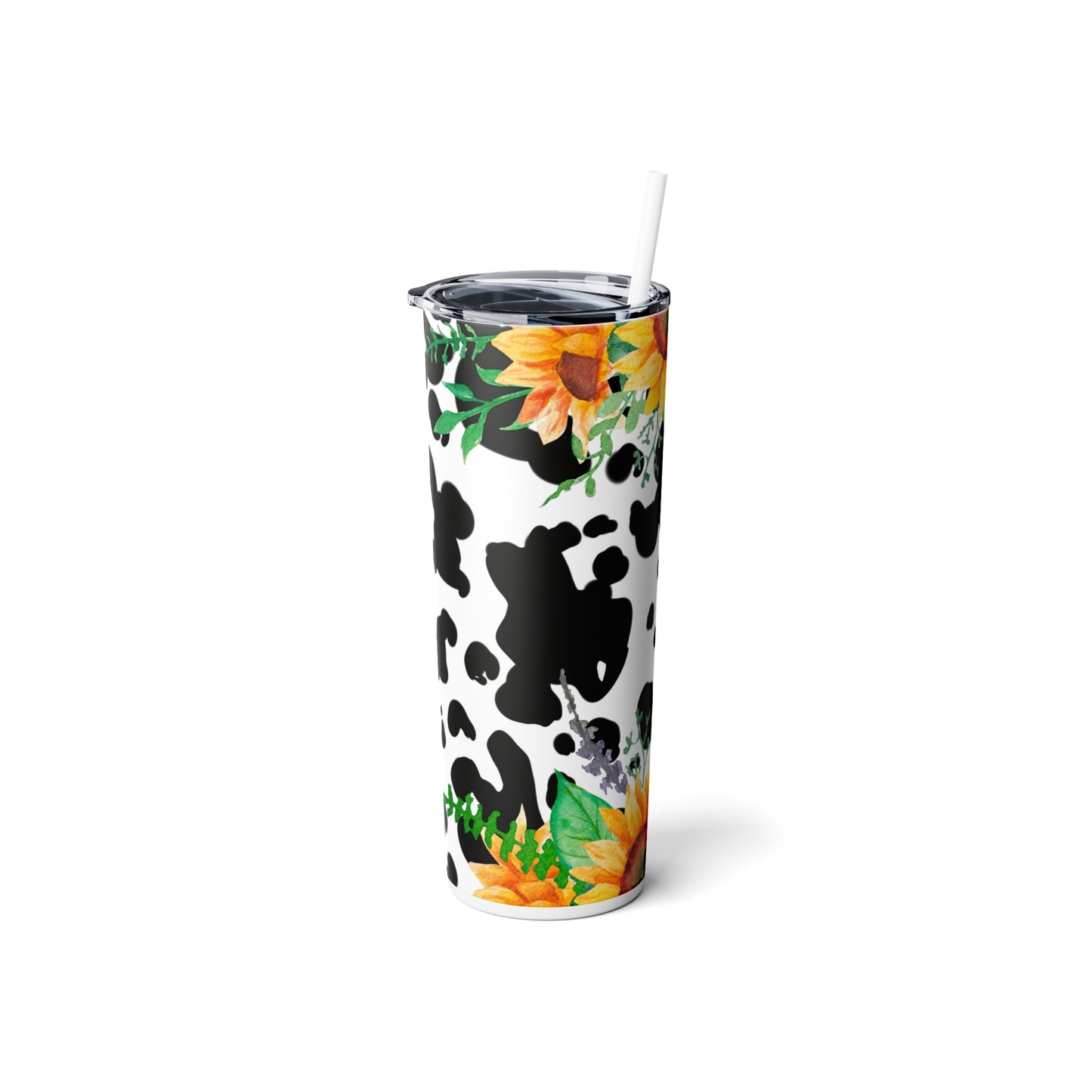 Sunflowers and Cow Print Skinny Steel Tumbler with Straw, 20oz